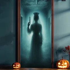 Halloween Door Cover – Shadowy Ghostly Figure in Fog, Haunted House Entrance Banner, Creepy Outdoor 2025 Halloween Decoration for Bedroom, Living Room, Bathroom