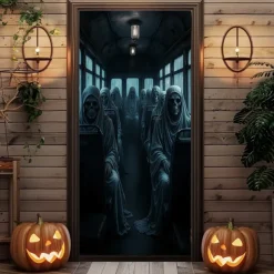 Halloween Door Cover – Shadowy Ghostly Figure in Fog, Haunted House Entrance Banner, Creepy Outdoor 2025 Halloween Decoration for Bedroom, Living Room, Bathroom