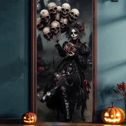 Halloween Door Cover – Skeleton Warrior in Armor, Haunted House Entrance Banner, Scary Outdoor 2025 Halloween Decoration for Bedroom, Living Room, Bathroom