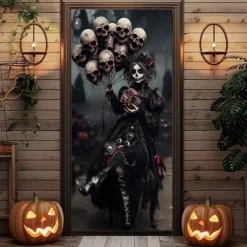 Halloween Door Cover – Skeleton Warrior in Armor, Haunted House Entrance Banner, Scary Outdoor 2025 Halloween Decoration for Bedroom, Living Room, Bathroom