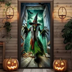 Halloween Door Cover – Wicked Green Witch Flying with Bats, Haunted House Entrance Banner, Scary Outdoor 2025 Halloween Decoration for Bedroom, Living Room, Bathroom