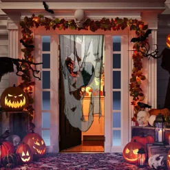 Halloween Door Cover Front Door Curtain Decoration, Halloween Broomstick Bats Flying Jagged Bottom Display