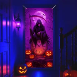 Halloween Door Cover Neon Grim Reaper with Lantern Banner, Glowing Blacklight Entrance Decoration for Outdoor & Indoor 2025 Halloween Bedroom, Living Room, Bathroom