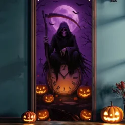 Halloween Door Cover Neon Grim Reaper with Lantern Banner, Glowing Blacklight Entrance Decoration for Outdoor & Indoor 2025 Halloween Bedroom, Living Room, Bathroom