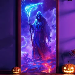 Halloween Door Cover Neon Grim Reaper with Lantern Banner, Glowing Blacklight Entrance Decoration for Outdoor & Indoor 2025 Halloween Bedroom, Living Room, Bathroom