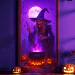 Halloween Door Cover Neon Witch over Cauldron Banner, Glowing Blacklight Entrance Decoration for Outdoor & Indoor 2025 Halloween Bedroom, Living Room, Bathroom