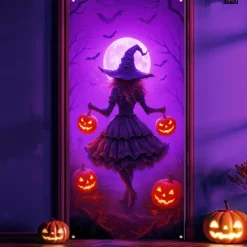 Halloween Door Cover Neon Witch over Cauldron Banner, Glowing Blacklight Entrance Decoration for Outdoor & Indoor 2025 Halloween Bedroom, Living Room, Bathroom