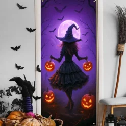 Halloween Door Cover Neon Witch over Cauldron Banner, Glowing Blacklight Entrance Decoration for Outdoor & Indoor 2025 Halloween Bedroom, Living Room, Bathroom