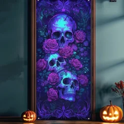 Halloween Door Cover Neon Skull and Roses Banner, Glowing Blacklight Entrance Decoration for Outdoor & Indoor 2025 Halloween Bedroom, Living Room, Bathroom