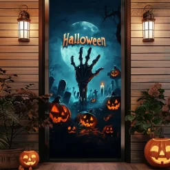 Halloween Door Cover Outdoor Banners Pumpkin Cemetery Psychedelic Dark Punk Gothic Style Party Outdoor Shooting Backgrounds Front Door Wall Porch Decorations Wall Door Background