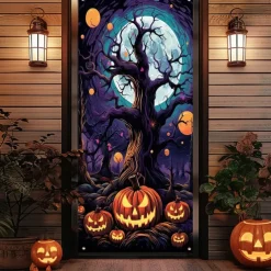 Halloween Door Cover Outdoor Banners Pumpkin Cemetery Psychedelic Dark Punk Gothic Style Party Outdoor Shooting Backgrounds Front Door Wall Porch Decorations Wall Door Background