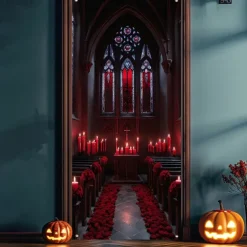 Halloween Door Cover Outdoor Banners Skeleton Church Psychedelic Dark Punk Gothic Style Party Outdoor Shooting Backgrounds Front Door Wall Porch Decorations Wall Door Background