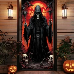 Halloween Door Cover Outdoor Banners Skeleton Grim Reaper Fantasy Psychedelic Party Outdoor Shooting Backgrounds Front Door Wall Porch Decorations Wall Door Background