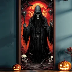 Halloween Door Cover Outdoor Banners Skeleton Grim Reaper Fantasy Psychedelic Party Outdoor Shooting Backgrounds Front Door Wall Porch Decorations Wall Door Background