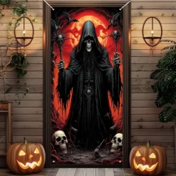 Halloween Door Cover Outdoor Banners Skeleton Grim Reaper Fantasy Psychedelic Party Outdoor Shooting Backgrounds Front Door Wall Porch Decorations Wall Door Background