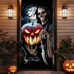 Halloween Door Cover Outdoor Banners Grim Reaper Pumpkin Psychedelic Dark Punk Gothic Style Party Outdoor Shooting Backgrounds Front Door Wall Porch Decorations Wall Door Background