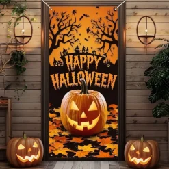 Halloween Door Cover Outdoor Banners Pumpkin Psychedelic Dark Punk Gothic Style Party Outdoor Shooting Backgrounds Front Door Wall Porch Decorations Wall Door Background