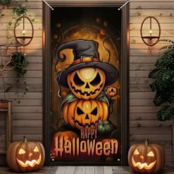 Halloween Door Cover Outdoor Banners Pumpkin Psychedelic Dark Punk Gothic Style Party Outdoor Shooting Backgrounds Front Door Wall Porch Decorations Wall Door Background