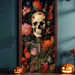 Halloween Door Cover Outdoor Banners Skeleton Flower Psychedelic Dark Punk Gothic Style Party Outdoor Shooting Backgrounds Front Door Wall Porch Decorations Wall Door Background