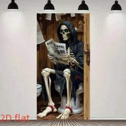 Halloween Door Cover Outdoor Banners Skeleton Grim Reaper Funny Psychedelic Party Outdoor Shooting Backgrounds Front Door Wall Porch Decorations Wall Door Background
