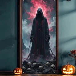 Halloween Door Covers Death God Door Tapestry Door Curtain Decoration Backdrop Door Banner for Front Door Farmhouse Holiday Party Indoor Outdoor Decor Supplies
