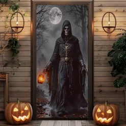 Halloween Door Covers Death God Door Tapestry Door Curtain Decoration Backdrop Door Banner for Front Door Farmhouse Holiday Party Indoor Outdoor Decor Supplies