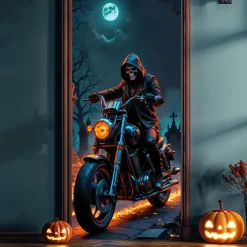 Halloween Door Covers Door Death Motorcycle Tapestry Door Curtain Decoration Backdrop Door Banner for Front Door Farmhouse Holiday Party Indoor Outdoor Decor Supplies