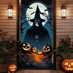 Halloween Door Covers Skeletons Witch Door Tapestry Door Curtain Decoration Backdrop Door Banner for Front Door Farmhouse Holiday Party Indoor Outdoor Decor Supplies