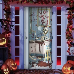Halloween Door Covers Werewolf Skeleton Door Tapestry Door Curtain Decoration Backdrop Door Banner for Front Door Farmhouse Holiday Party Indoor Outdoor Decor Supplies