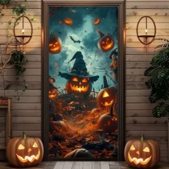 Halloween Door Decorations Door Covers Jack O Lantern Pumpkin Door Curtain Door Tapestry Decoration Backdrop Door Banner for Front Door Farmhouse Holiday Party Indoor Outdoor Decor Supplies