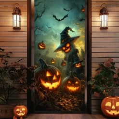 Halloween Door Decorations Door Covers Jack O Lantern Pumpkin Door Curtain Door Tapestry Decoration Backdrop Door Banner for Front Door Farmhouse Holiday Party Indoor Outdoor Decor Supplies