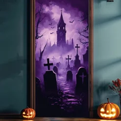 Halloween Door Decorations Door Covers Purple Graveyard Door Tapestry Door Curtain Decoration Backdrop Door Banner for Front Door Farmhouse Holiday Party Indoor Outdoor Decor Supplies