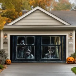 Halloween Door Decorations Outdoor Halloween Garage Door Cover Ghosts Banner Monster Window Outside Large Backdrop Decoration for Holiday Outdoor Garage Door Home Wall Decorations