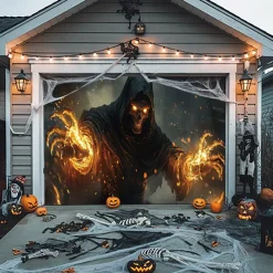 Halloween Door Decorations Outdoor Halloween Garage Door Cover Jack O Lantern Banner Pumpkin Skeleton Death Outside Large Backdrop Decoration for Holiday Outdoor Garage Door Home Wall Decorations