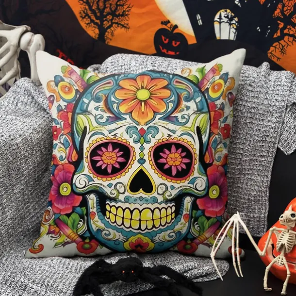 Halloween Double Side Pillow Cover 1PC Skull Day of Dead Soft Decorative Square Cushion Case Pillowcase for Bedroom Livingroom Sofa Couch Chair Decorations