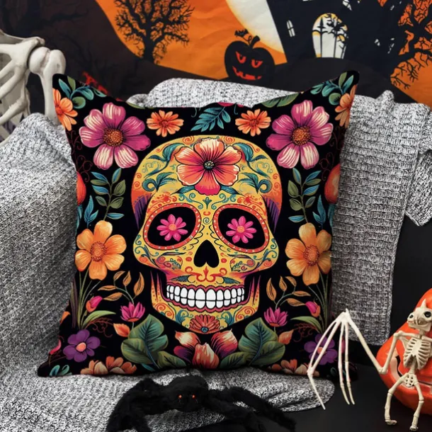Halloween Double Side Pillow Cover 1PC Skull Day of Dead Soft Decorative Square Cushion Case Pillowcase for Bedroom Livingroom Sofa Couch Chair Decorations