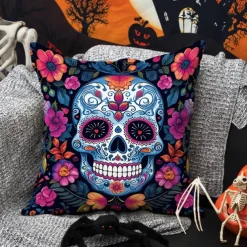 Halloween Double Side Pillow Cover 1PC Skull Day of Dead Soft Decorative Square Cushion Case Pillowcase for Bedroom Livingroom Sofa Couch Chair Decorations