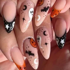 Halloween Fake Nail Snake Spider Pattern Almond False Nail Tip Full Cover Wearable French Fake Nail Patch Halloween Gifts