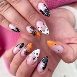 Halloween Fake Nail Snake Spider Pattern Almond False Nail Tip Full Cover Wearable French Fake Nail Patch Halloween Gifts