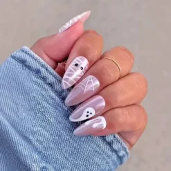 Halloween Fake Nail Snake Spider Pattern Almond False Nail Tip Full Cover Wearable French Fake Nail Patch Halloween Gifts