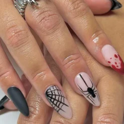 Halloween Fake Nail Snake Spider Pattern Almond False Nail Tip Full Cover Wearable French Fake Nail Patch Halloween Gifts