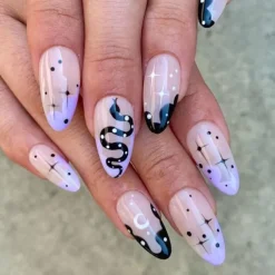 Halloween Fake Nail Snake Spider Pattern Almond False Nail Tip Full Cover Wearable French Fake Nail Patch Halloween Gifts