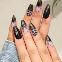 Halloween Fake Nail Snake Spider Pattern Almond False Nail Tip Full Cover Wearable French Fake Nail Patch Halloween Gifts
