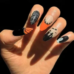 Halloween Fake Nail Snake Spider Pattern Almond False Nail Tip Full Cover Wearable French Fake Nail Patch Halloween Gifts