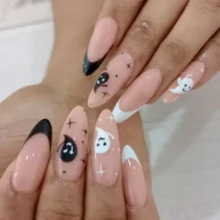 Halloween Fake Nail Snake Spider Pattern Almond False Nail Tip Full Cover Wearable French Fake Nail Patch Halloween Gifts