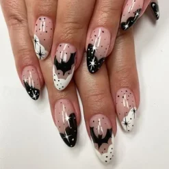 Halloween Fake Nail Snake Spider Pattern Almond False Nail Tip Full Cover Wearable French Fake Nail Patch Halloween Gifts