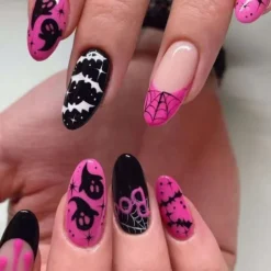 Halloween Fake Nail Snake Spider Pattern Almond False Nail Tip Full Cover Wearable French Fake Nail Patch Halloween Gifts