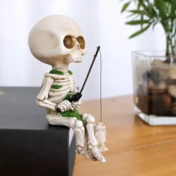 Halloween Fishing Skeleton Resin Figurine - Spooky Seated Skull Decoration for Indoor and Outdoor Haunted Atmosphere