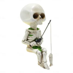 Halloween Fishing Skeleton Resin Figurine - Spooky Seated Skull Decoration for Indoor and Outdoor Haunted Atmosphere