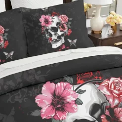 Halloween Floral Skull Duvet Cover Set - Includes Duvet Cover and Pillowcases - Spooky and Festive Design - Soft and Comfortable Fabric - Perfect for Halloween Home Decor